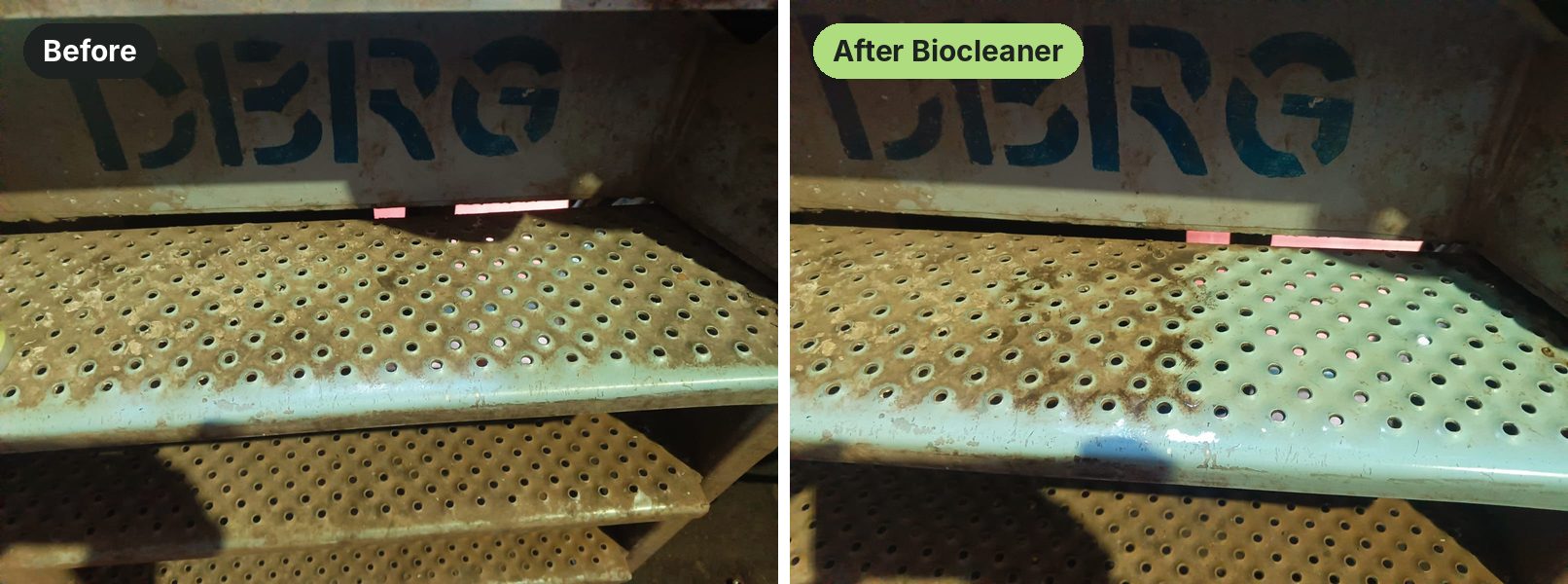Indian Railways coach step before and after cleaning with Nanoman Biocleaner
